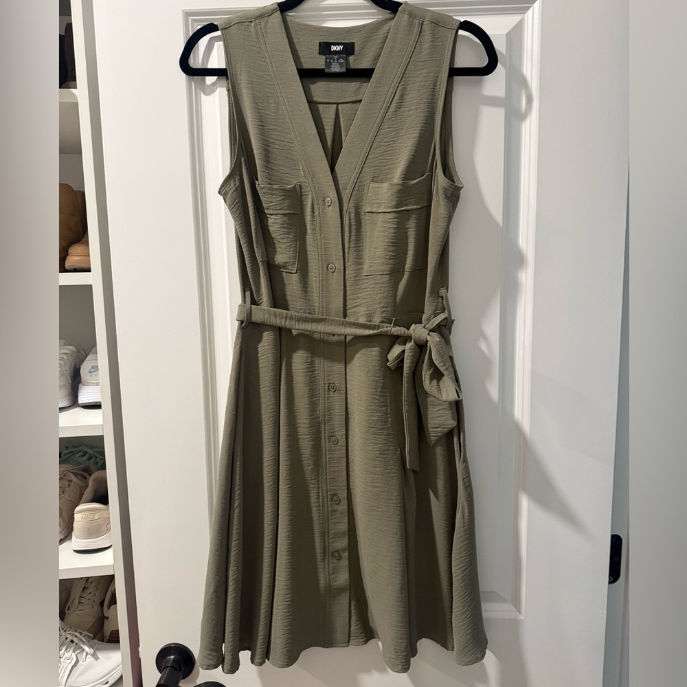DKNY Olive Sleeveless Button-Front Midi Dress with Tie Waist